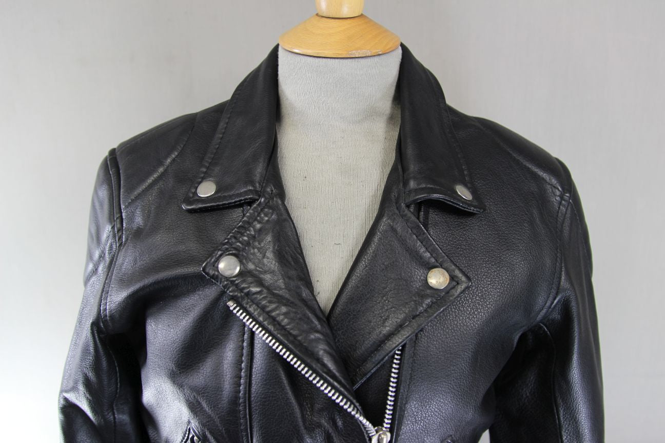 LADIES VINTAGE 70'S PUNK ROCK SKINTAN RETRO BLACK COWHIDE LEATHER BIKER JCKT 36"