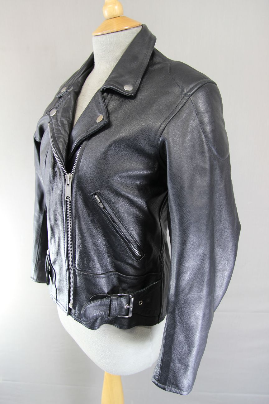LADIES VINTAGE 70'S PUNK ROCK SKINTAN RETRO BLACK COWHIDE LEATHER BIKER JCKT 36"