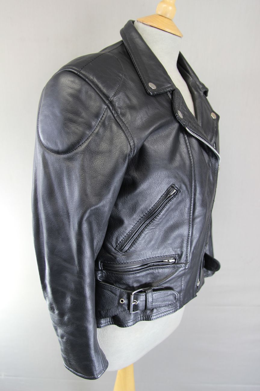 LADIES VINTAGE 70'S PUNK ROCK SKINTAN RETRO BLACK COWHIDE LEATHER BIKER JCKT 36"