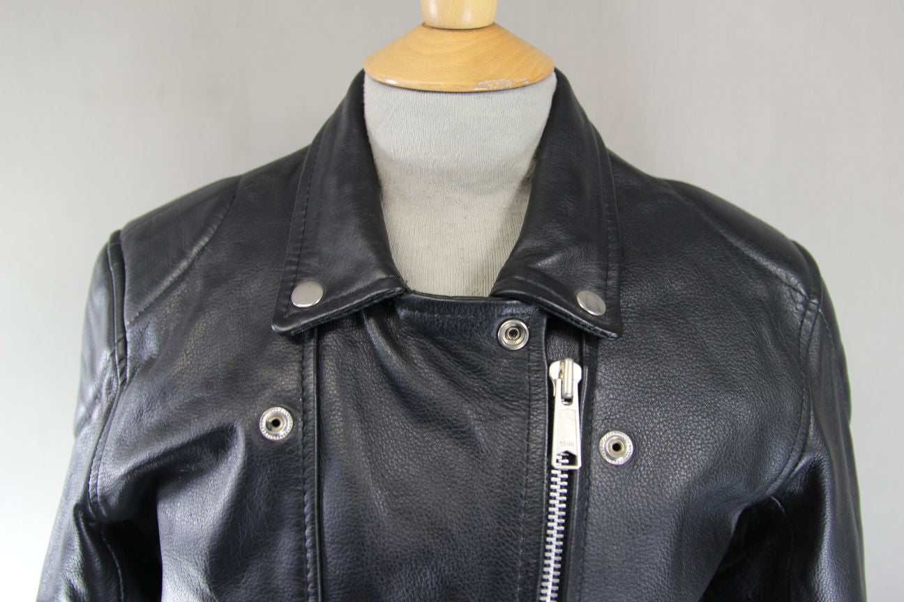 LADIES VINTAGE 70'S PUNK ROCK SKINTAN RETRO BLACK COWHIDE LEATHER BIKER JCKT 36"