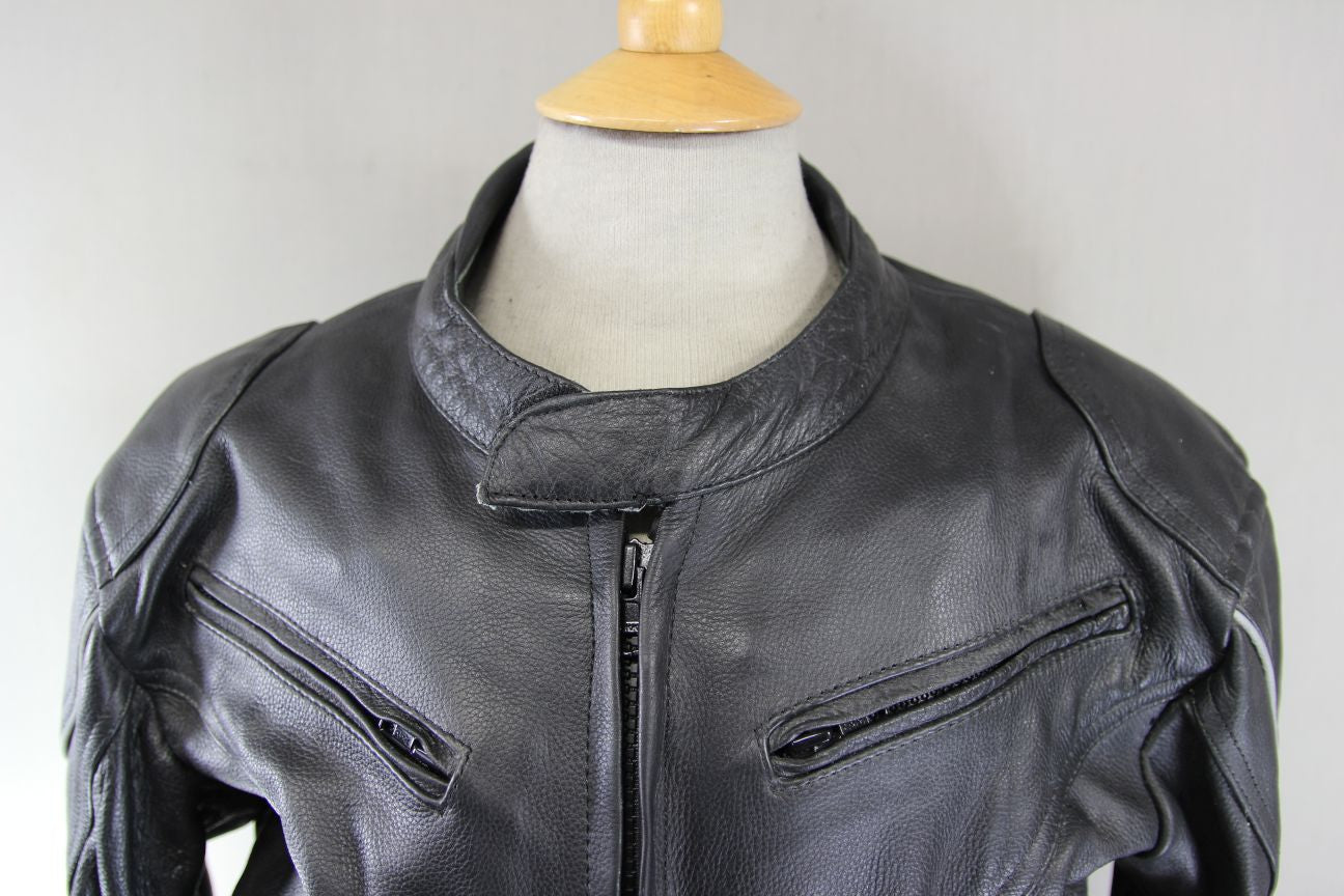 WHITE WINGS BLACK LEATHER BIKER JACKET WITH REMOVABLE BACK PROTECTOR 40 INCH/MED