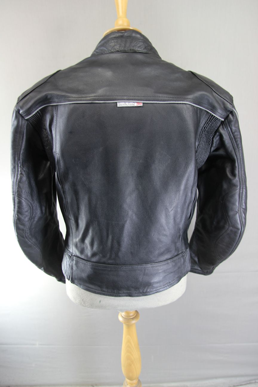 WHITE WINGS BLACK LEATHER BIKER JACKET WITH REMOVABLE BACK PROTECTOR 40 INCH/MED