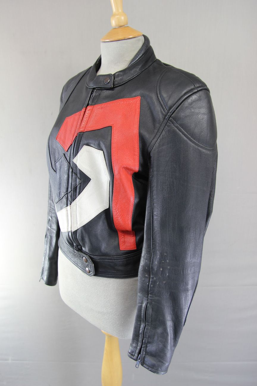 VINTAGE BLACK, RED, SILVER & WHITE LEATHER LADIES BIKER JACKET 34-36 IN/SIZE 12