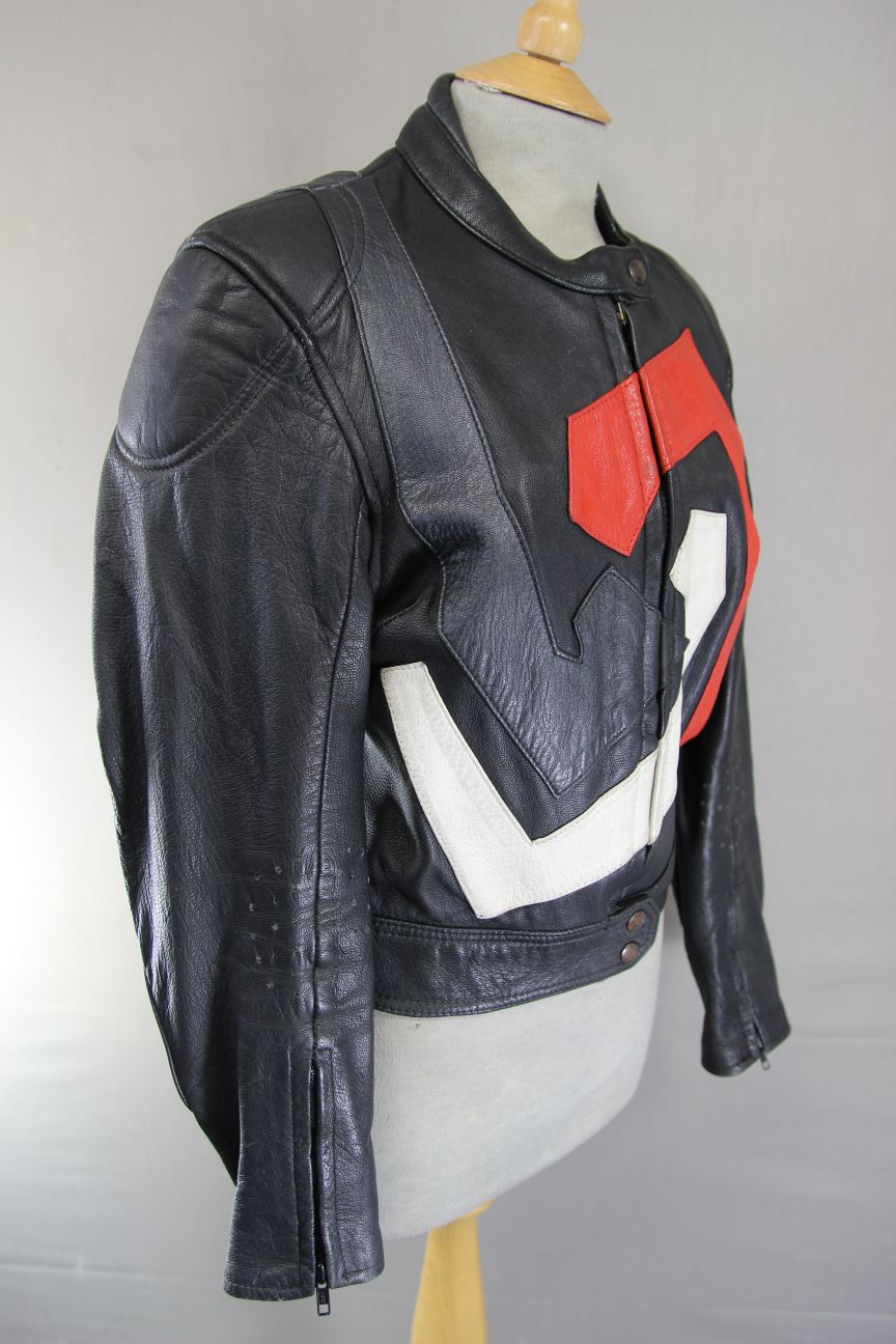 VINTAGE BLACK, RED, SILVER & WHITE LEATHER LADIES BIKER JACKET 34-36 IN/SIZE 12