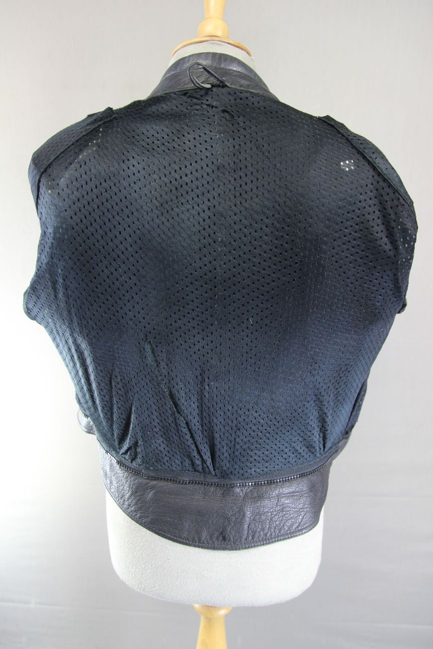 VINTAGE BLACK, RED, SILVER & WHITE LEATHER LADIES BIKER JACKET 34-36 IN/SIZE 12