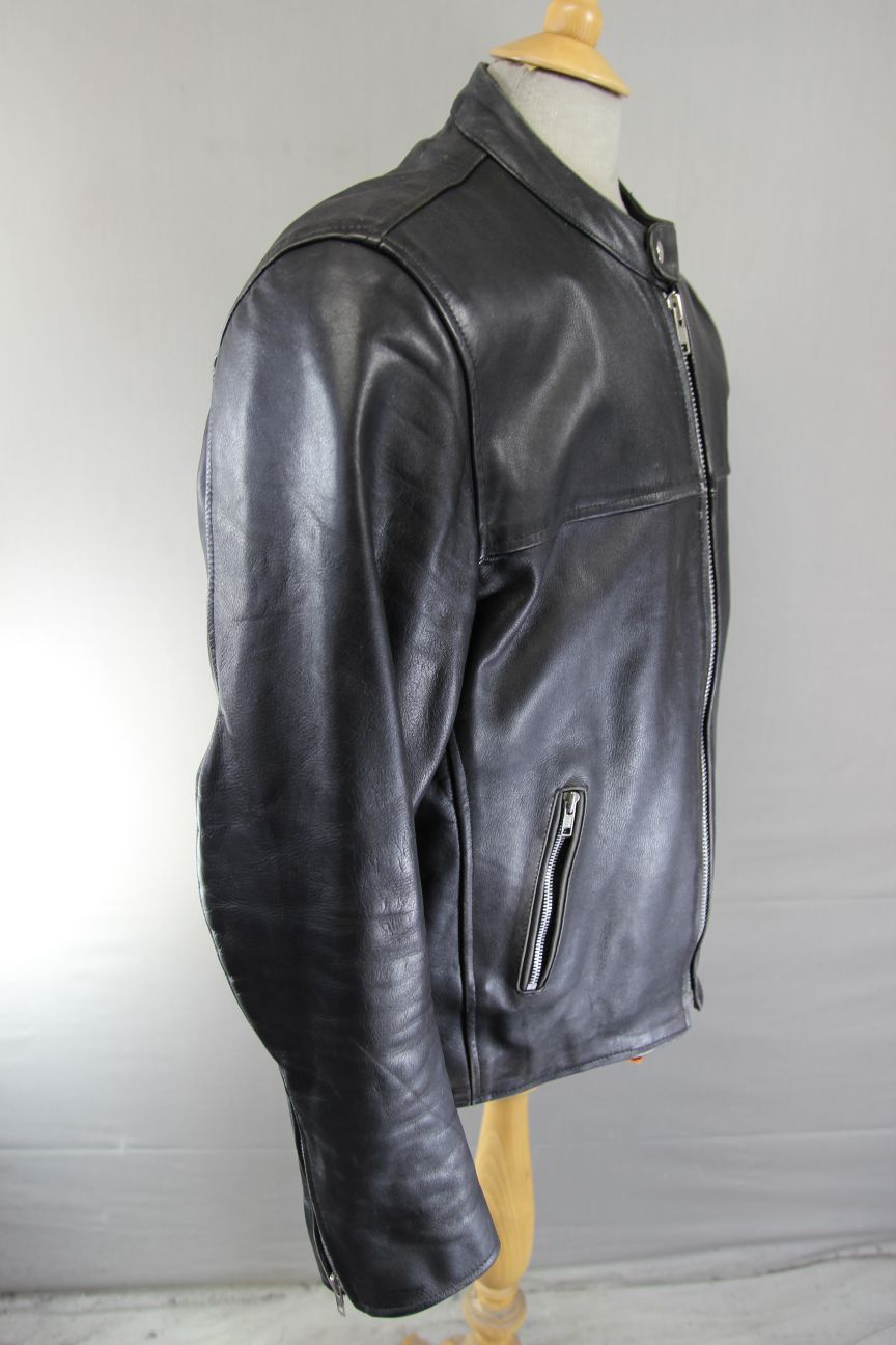 CUSTOMISED CITY OF LEATHER BLACK BIKER JACKET + SHOULDER & ELBOW PROTECTORS 46IN