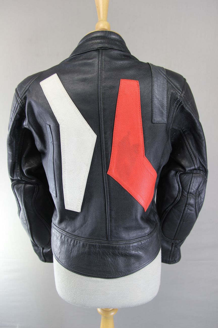 VINTAGE BLACK, RED, SILVER & WHITE LEATHER LADIES BIKER JACKET 34-36 IN/SIZE 12