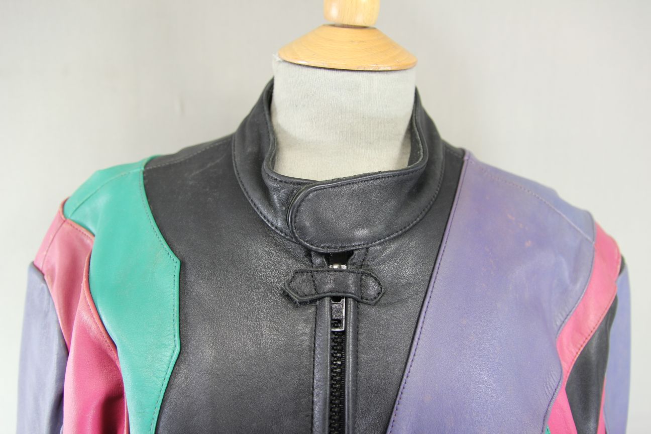 VINTAGE BLACK, LILAC, PINK & TURQUOISE LEATHER BIKER JACKET 42 INCH CHEST