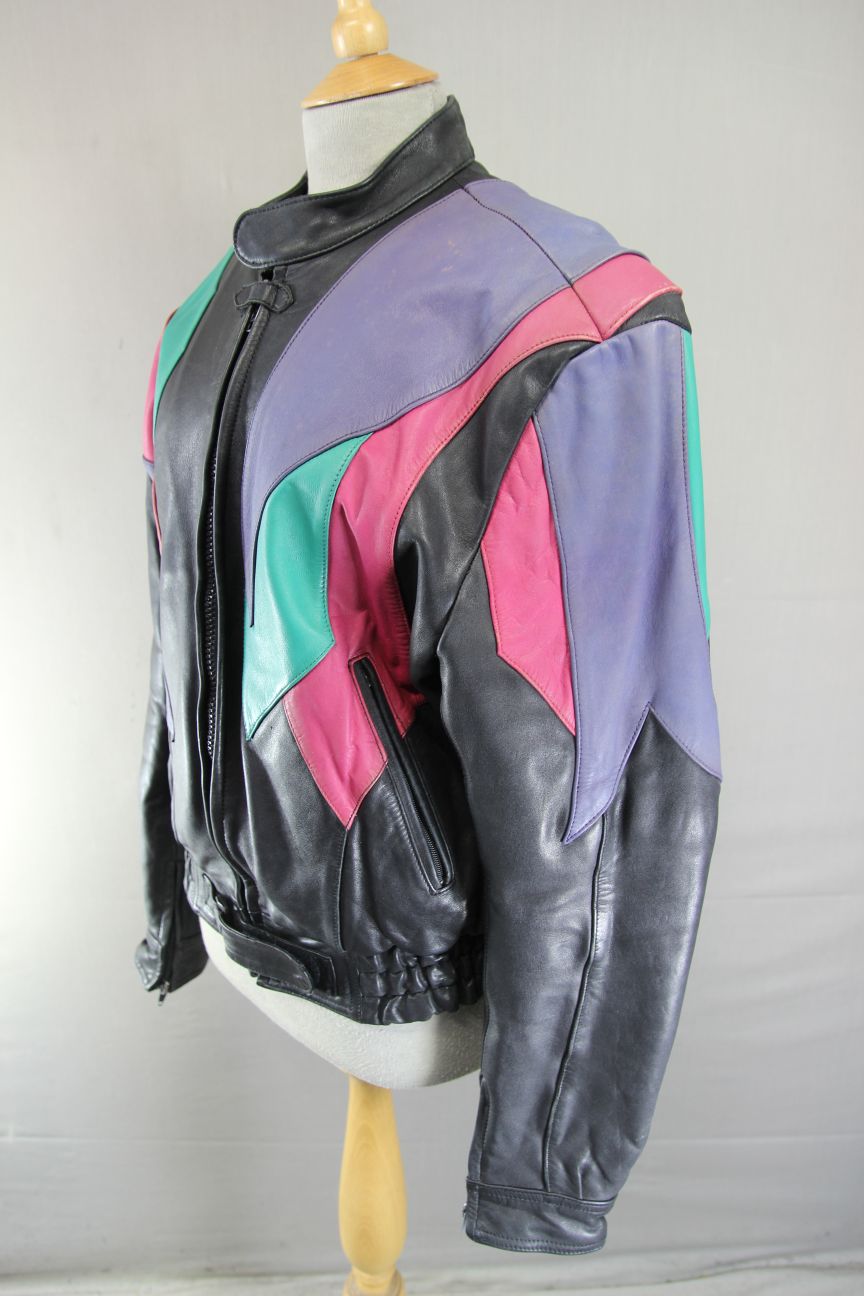 VINTAGE BLACK, LILAC, PINK & TURQUOISE LEATHER BIKER JACKET 42 INCH CHEST