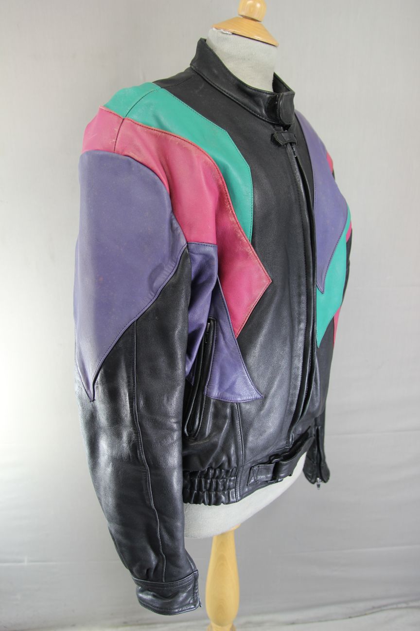 VINTAGE BLACK, LILAC, PINK & TURQUOISE LEATHER BIKER JACKET 42 INCH CHEST