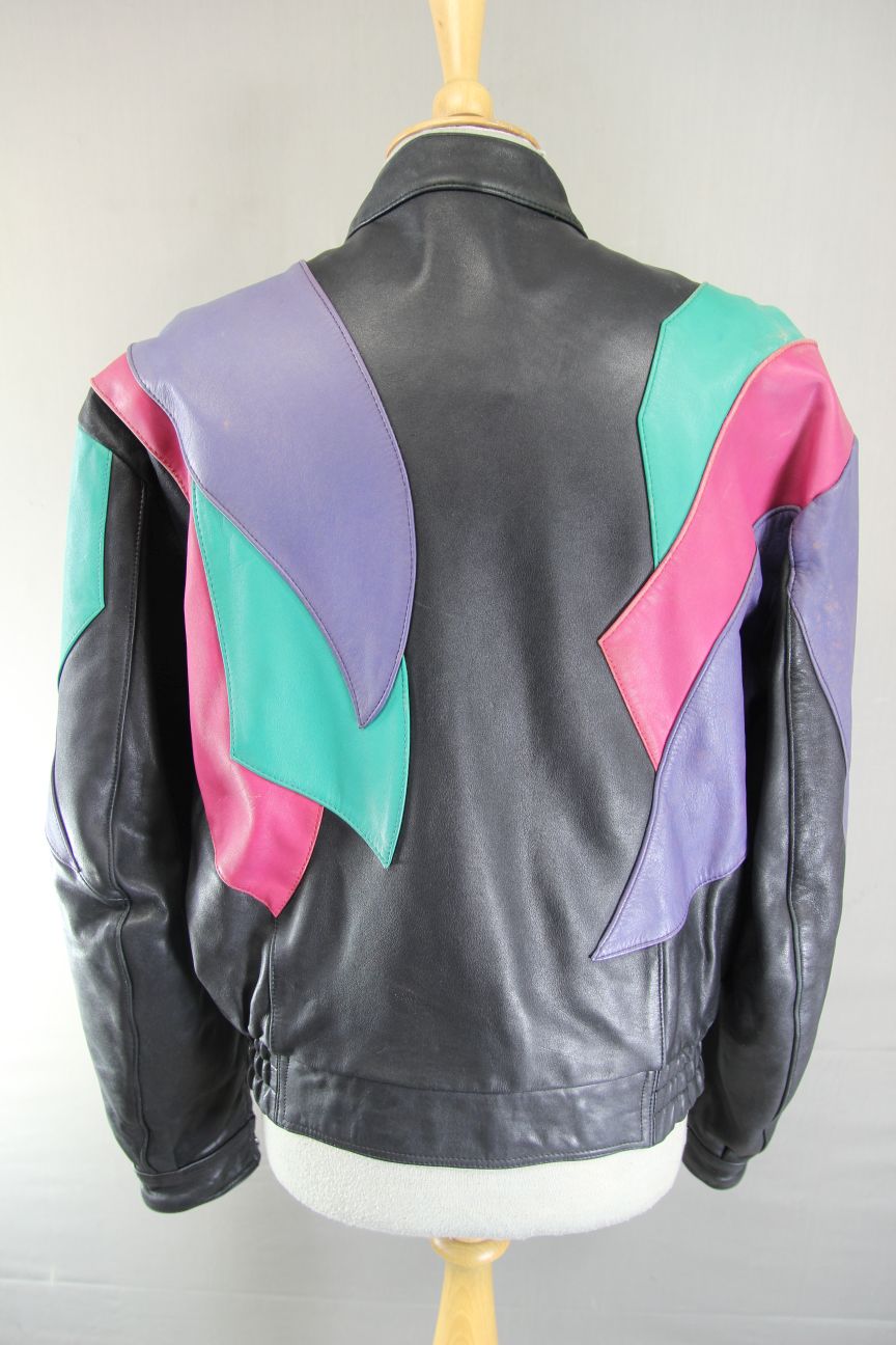 VINTAGE BLACK, LILAC, PINK & TURQUOISE LEATHER BIKER JACKET 42 INCH CHEST
