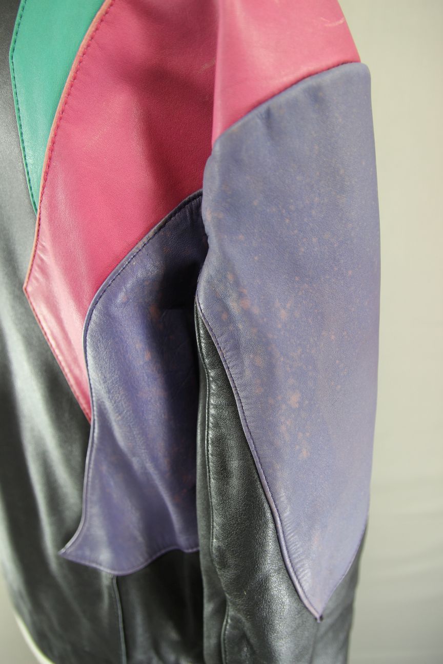 VINTAGE BLACK, LILAC, PINK & TURQUOISE LEATHER BIKER JACKET 42 INCH CHEST