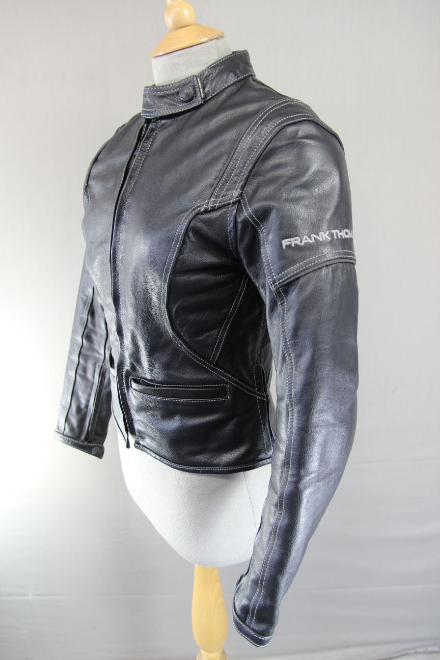 FRANK THOMAS LADY RIDER BLACK LEATHER BIKER JCKT + ARMOUR/THERMAL LINING SIZE 10