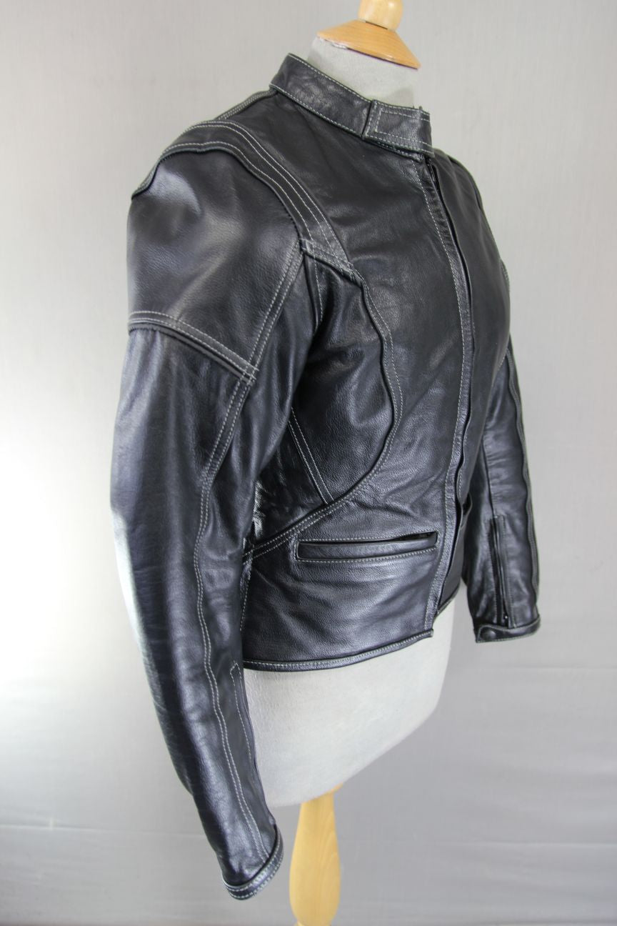 FRANK THOMAS LADY RIDER BLACK LEATHER BIKER JCKT + ARMOUR/THERMAL LINING SIZE 10