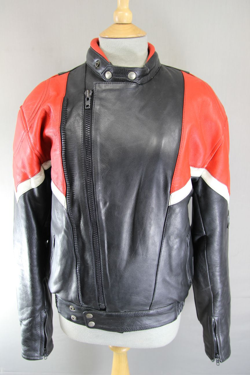 VINTAGE BLACK, RED & WHITE LEATHER SPORTEX IMOLA CLASSIC BIKER JACKET 38 INCH