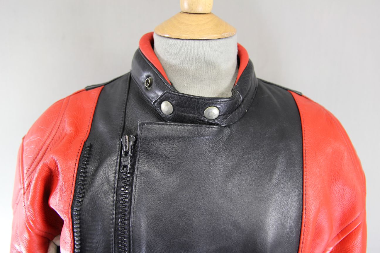VINTAGE BLACK, RED & WHITE LEATHER SPORTEX IMOLA CLASSIC BIKER JACKET 38 INCH
