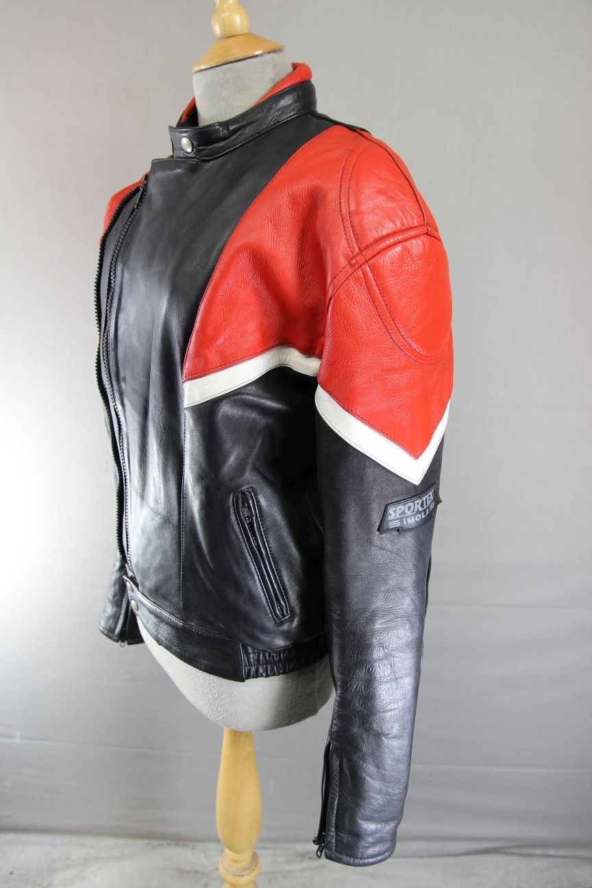 VINTAGE BLACK, RED & WHITE LEATHER SPORTEX IMOLA CLASSIC BIKER JACKET 38 INCH