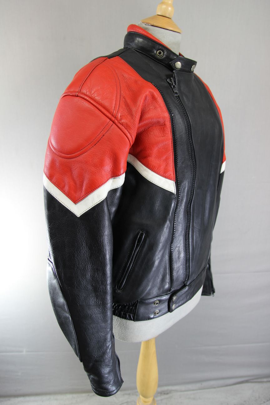 VINTAGE BLACK, RED & WHITE LEATHER SPORTEX IMOLA CLASSIC BIKER JACKET 38 INCH