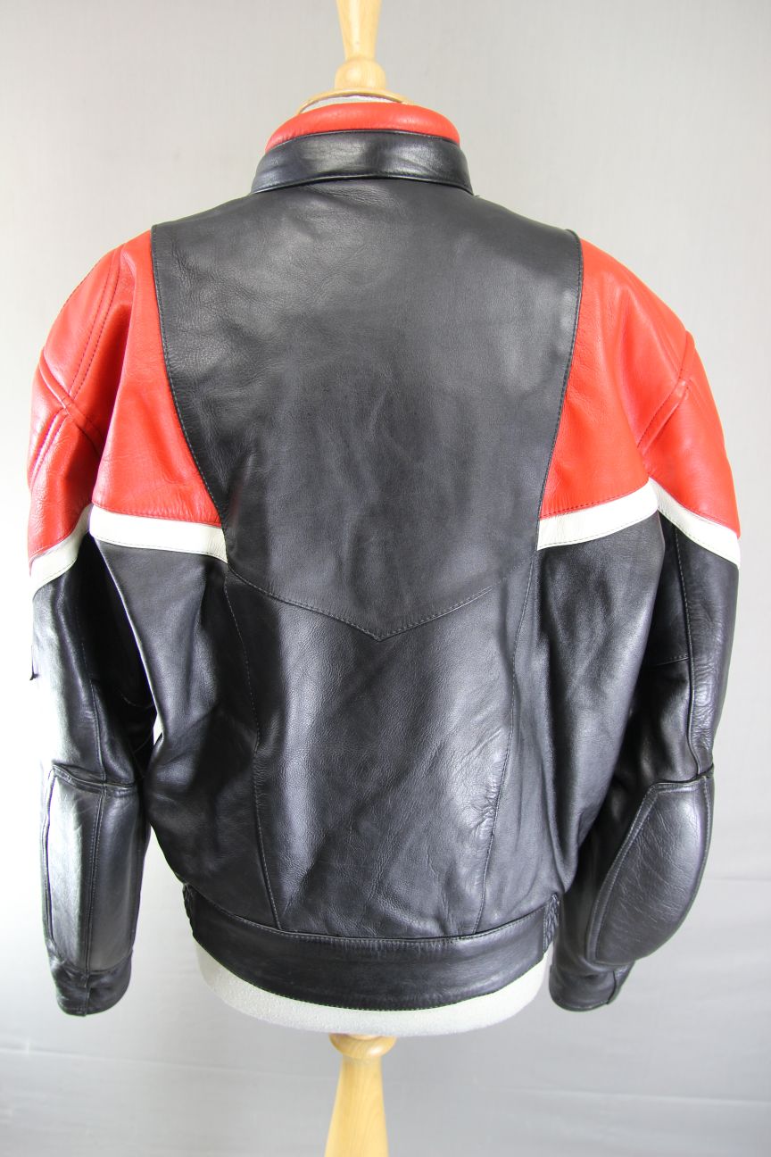 VINTAGE BLACK, RED & WHITE LEATHER SPORTEX IMOLA CLASSIC BIKER JACKET 38 INCH