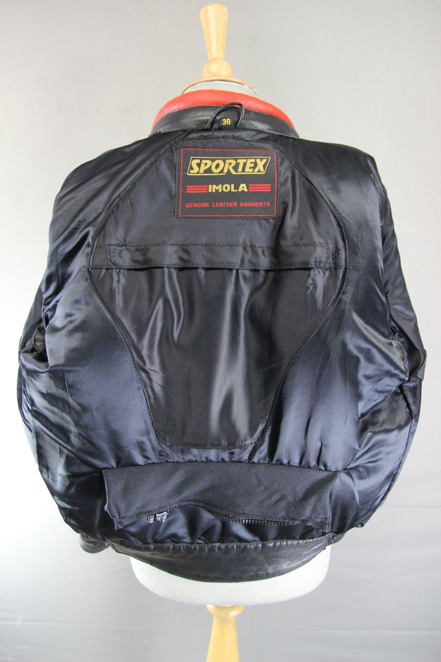 VINTAGE BLACK, RED & WHITE LEATHER SPORTEX IMOLA CLASSIC BIKER JACKET 38 INCH