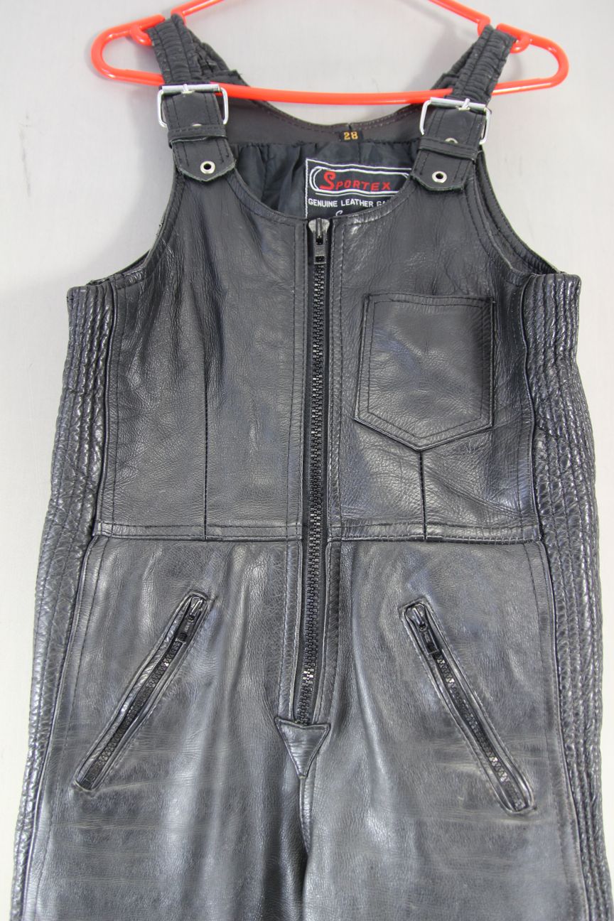 SPORTEX BLACK COWHIDE LEATHER BIKER BIB & BRACE SALOPETTES WAIST 28 IN/LEG 28 IN