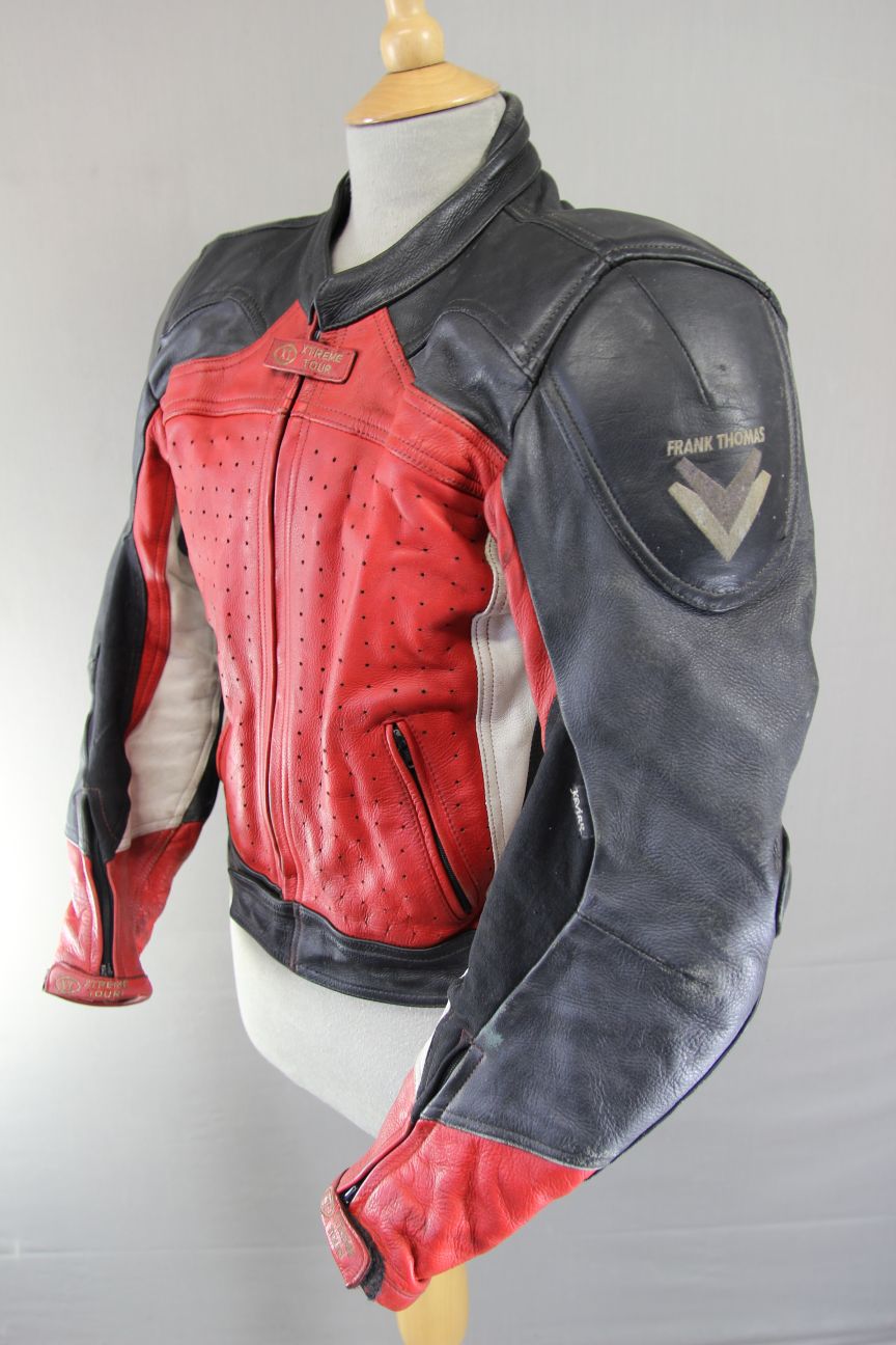 FRANK THOMAS XTREME TOUR RED & SILVER HIDE LEATHER BIKER JACKET + CE ARMOUR 36IN