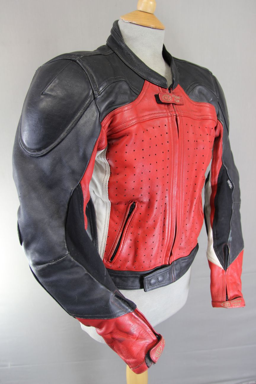 FRANK THOMAS XTREME TOUR RED & SILVER HIDE LEATHER BIKER JACKET + CE ARMOUR 36IN