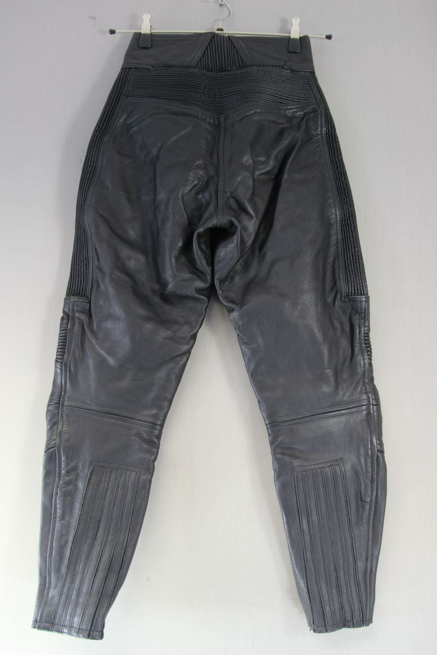 BELSTAFF BLACK LEATHER BIKER TROUSERS SIZE 12: WAIST 26-28 IN/INSIDE LEG 28 IN