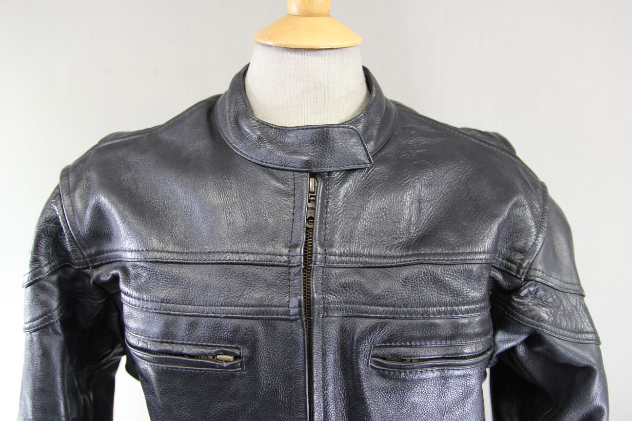 LADIES BLACK LEATHER BIKER JACKET WITH BACK, SHOULDER & ELBOW CE ARMOUR 46 INCH