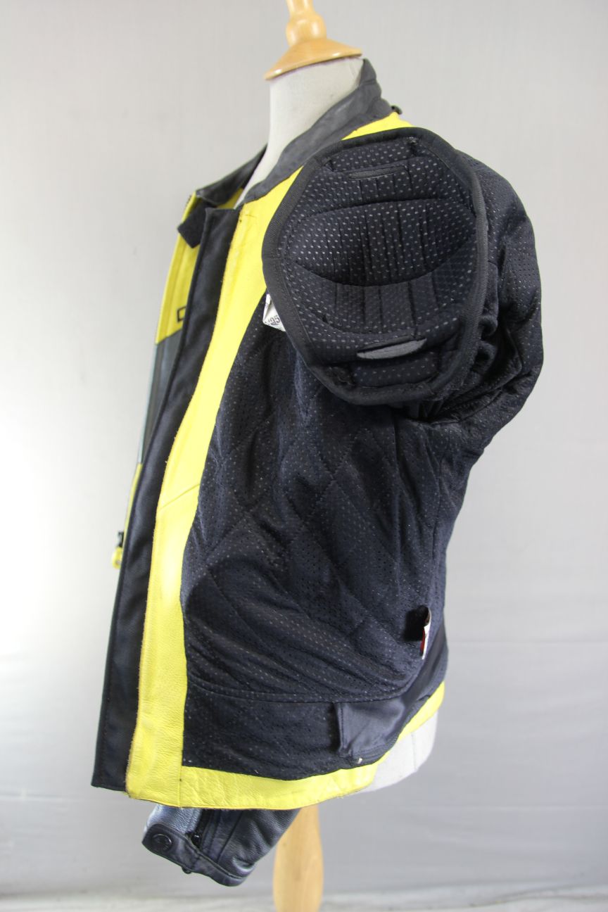 DAINESE SPORT SILVER, YELLOW & BLACK LEATHER BIKER JACKET WITH CE ARMOUR 42 INCH