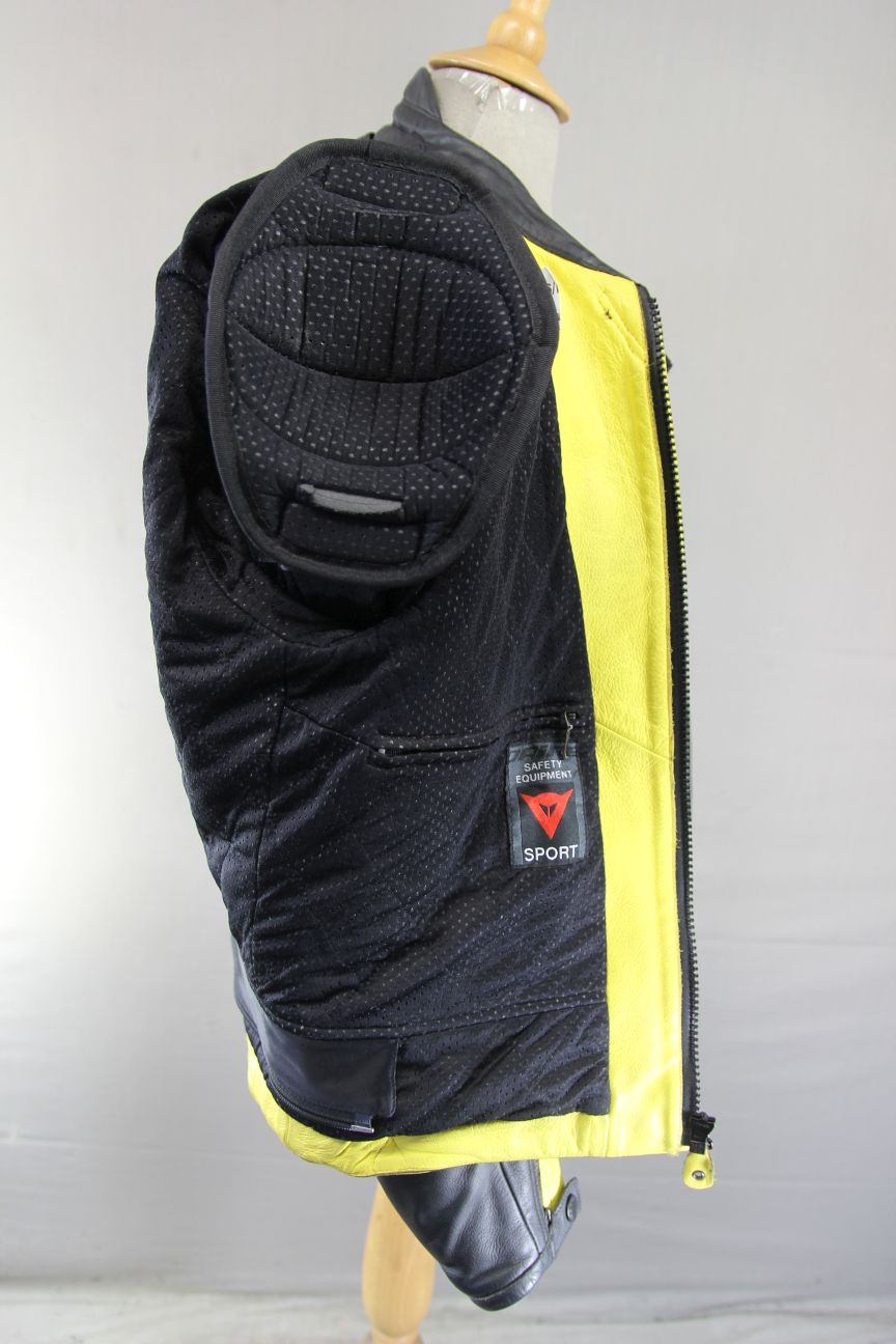DAINESE SPORT SILVER, YELLOW & BLACK LEATHER BIKER JACKET WITH CE ARMOUR 42 INCH
