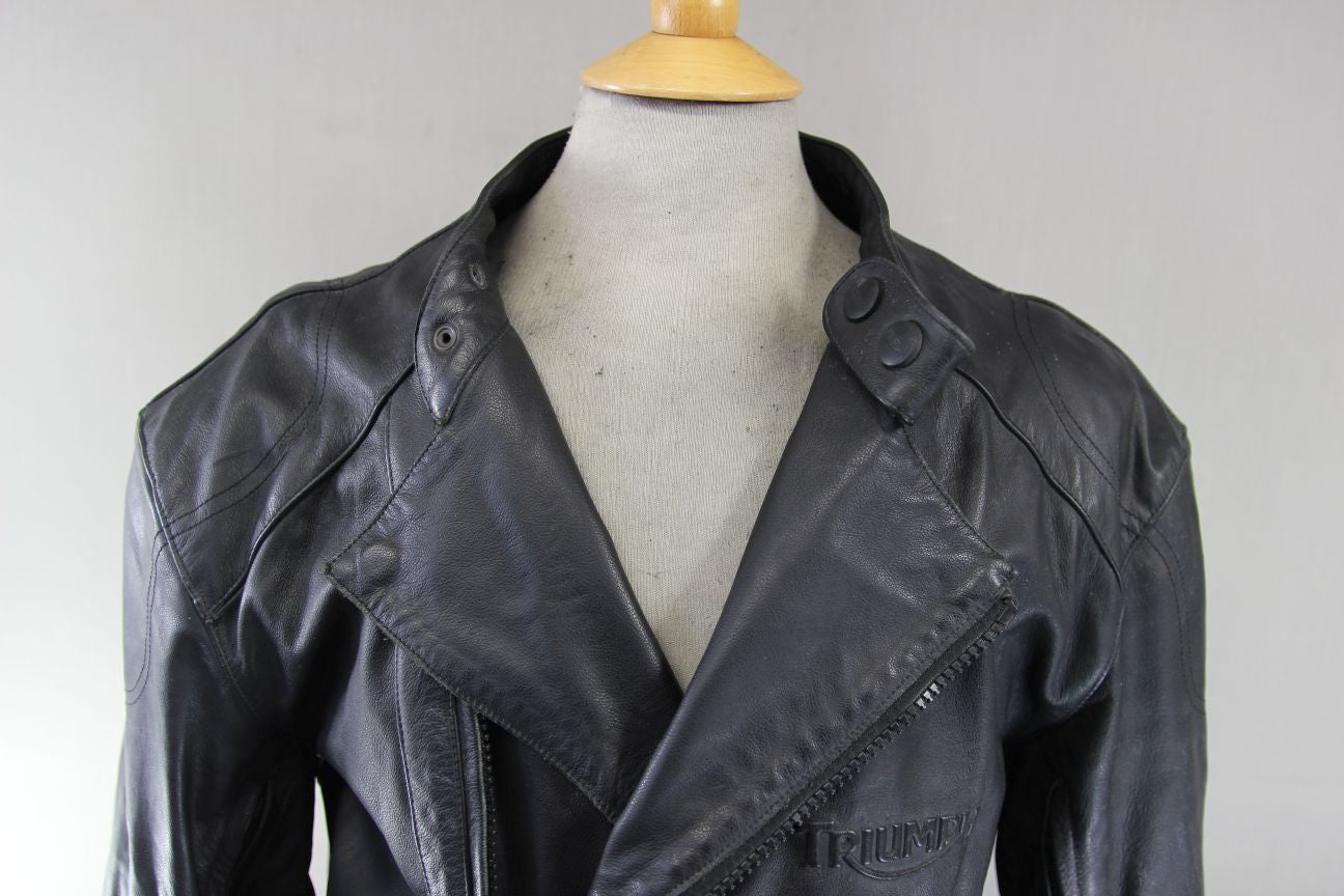 TRIUMPH RETRO 1970S PUNK ROCK BLACK LEATHER BIKER JACKET WITH CE ARMOUR 46 IN/XL