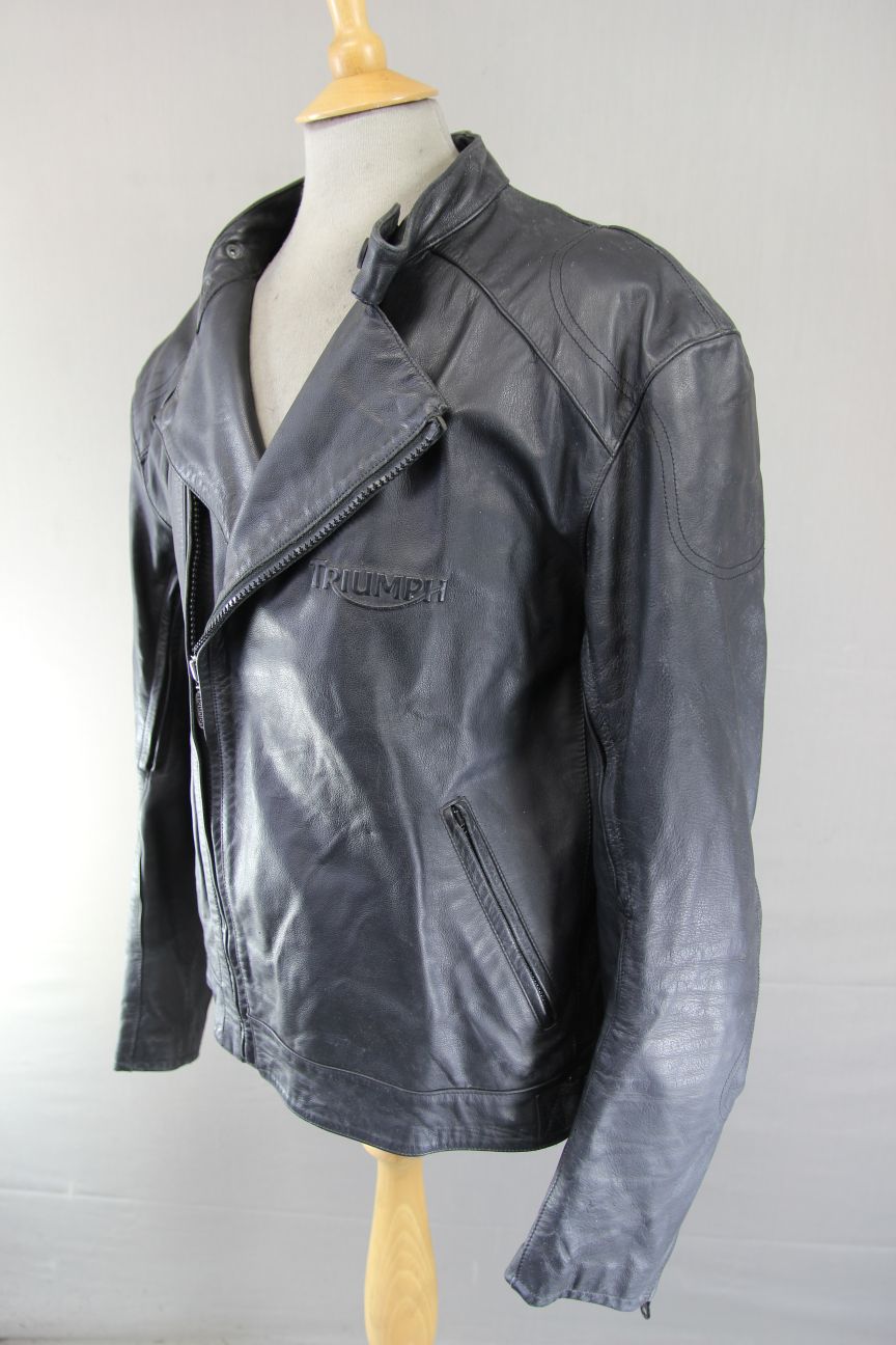 TRIUMPH RETRO 1970S PUNK ROCK BLACK LEATHER BIKER JACKET WITH CE ARMOUR 46 IN/XL
