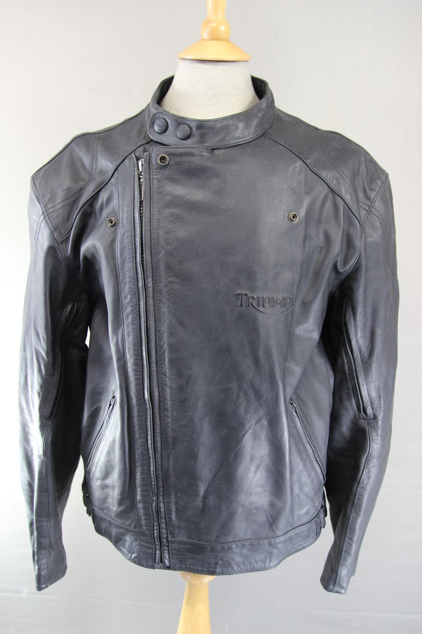 TRIUMPH RETRO 1970S PUNK ROCK BLACK LEATHER BIKER JACKET WITH CE ARMOUR 46 IN/XL