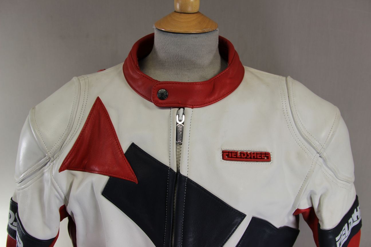 VINTAGE FIELDSHEER BRITISH DESIGNED WHITE, RED & BLACK LEATHER BIKER JACKET 42IN