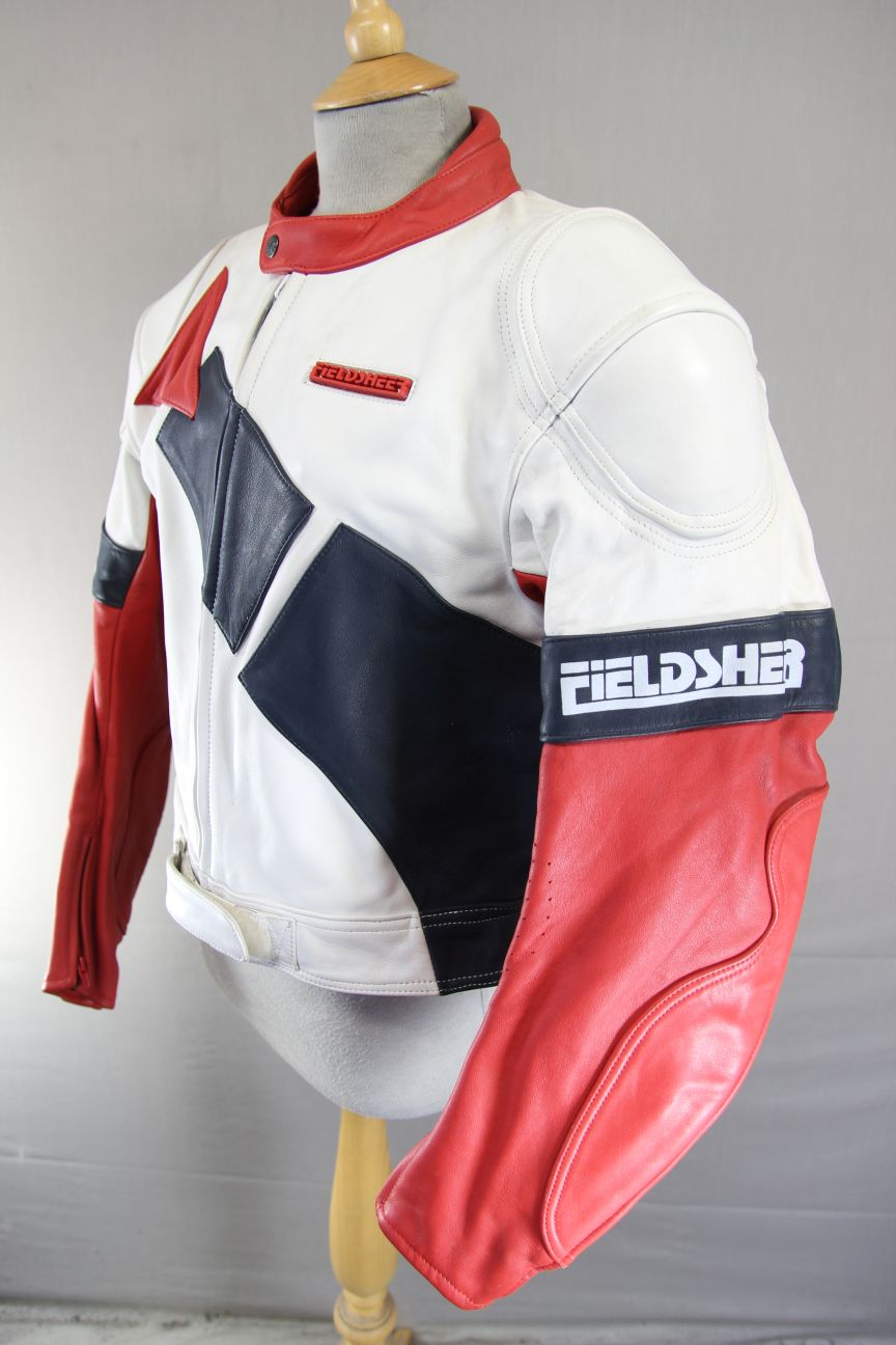 VINTAGE FIELDSHEER BRITISH DESIGNED WHITE, RED & BLACK LEATHER BIKER JACKET 42IN