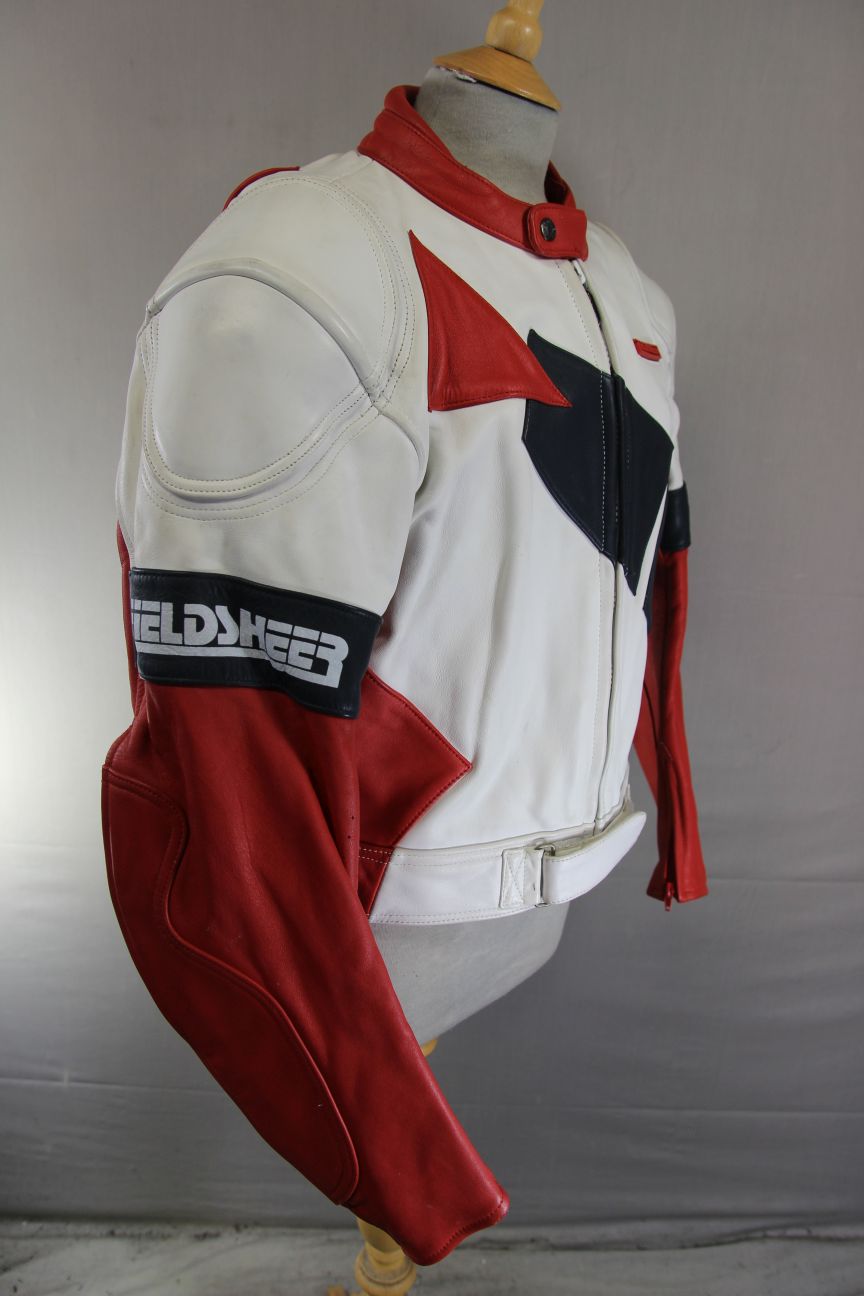 VINTAGE FIELDSHEER BRITISH DESIGNED WHITE, RED & BLACK LEATHER BIKER JACKET 42IN