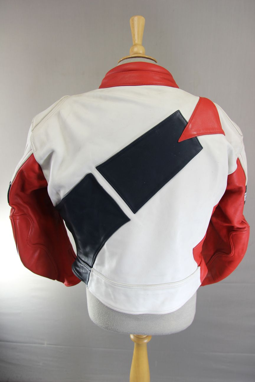 VINTAGE FIELDSHEER BRITISH DESIGNED WHITE, RED & BLACK LEATHER BIKER JACKET 42IN