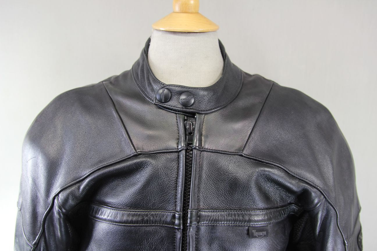 TRIUMPH TRIPLE CONNECTION CLASSIC BLACK LEATHER BIKER JACKET WITH ARMOUR 44 INCH