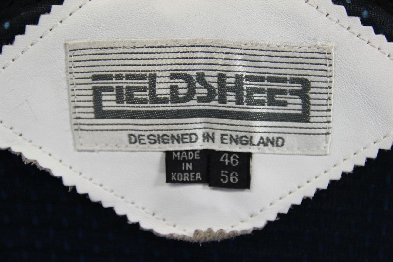 VINTAGE FIELDSHEER BRITISH DESIGNED WHITE, RED & BLACK LEATHER BIKER JACKET 42IN