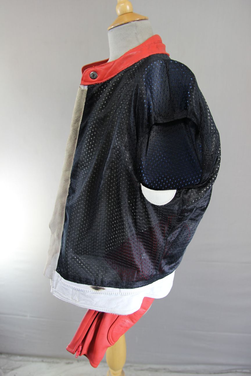 VINTAGE FIELDSHEER BRITISH DESIGNED WHITE, RED & BLACK LEATHER BIKER JACKET 42IN