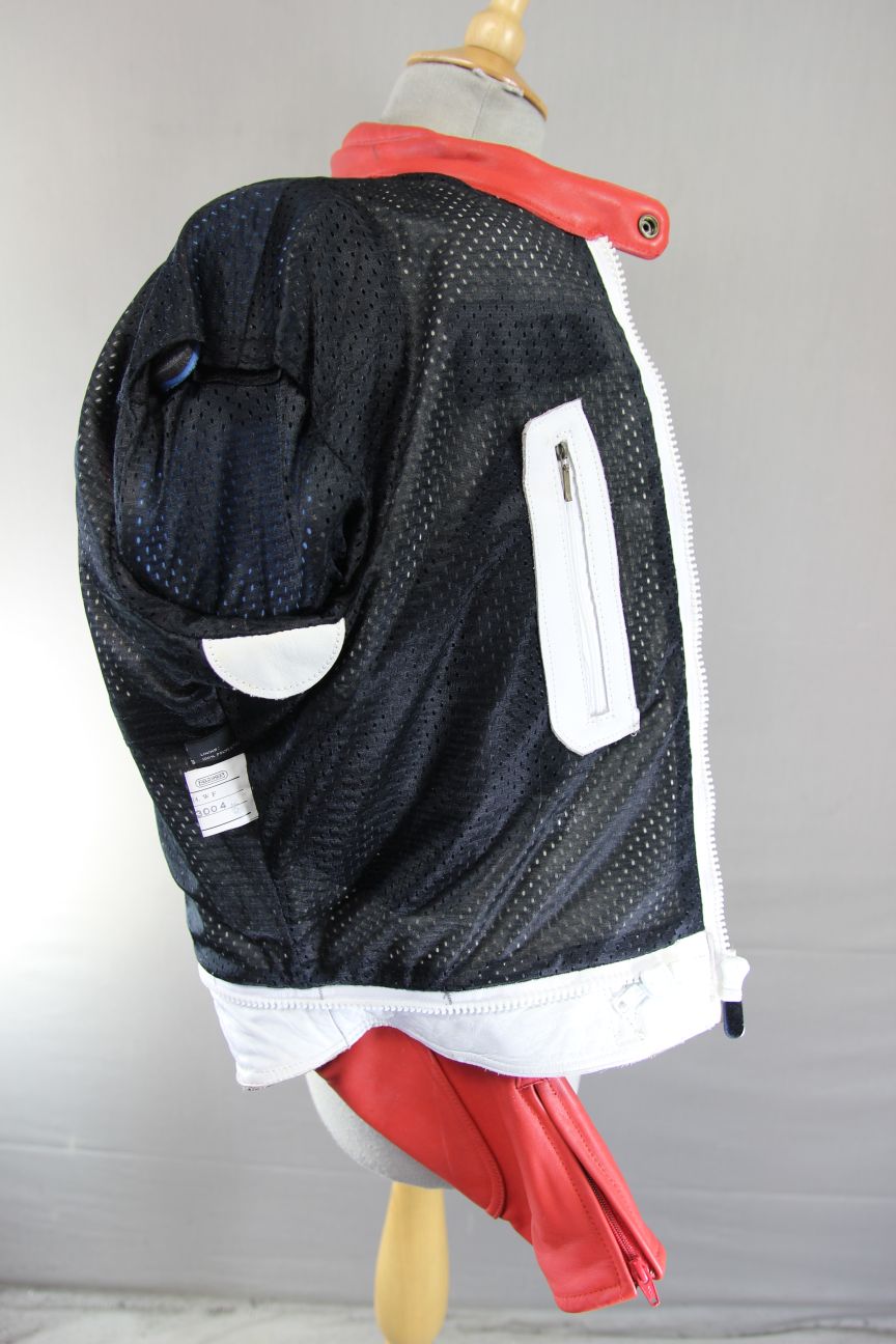 VINTAGE FIELDSHEER BRITISH DESIGNED WHITE, RED & BLACK LEATHER BIKER JACKET 42IN
