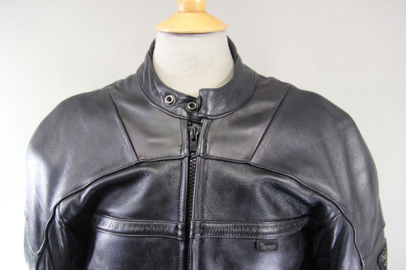 TRIUMPH TRIPLE CONNECTION CLASSIC BLACK LEATHER BIKER JACKET WITH ARMOUR 44 INCH