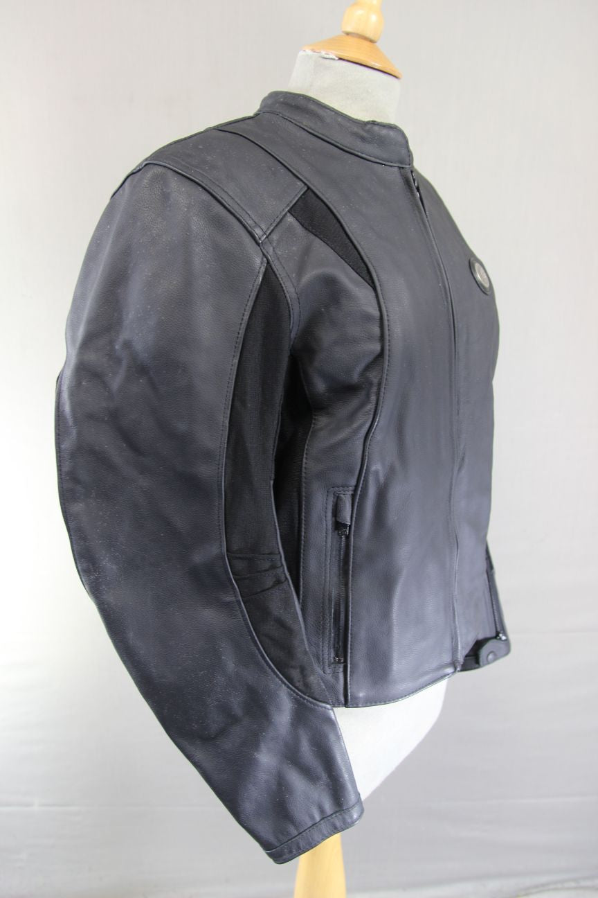 FURYGAN LADIES BLACK LEATHER BIKER JACKET + BACK/SHOULDER/ELBOW CE ARMOUR 36IN/L