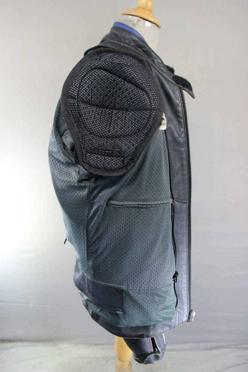 DAINESE BLACK, SILVER & BLUE LEATHER BIKER JCKT + SHOULDER & ELBOW CE ARMOUR 42"