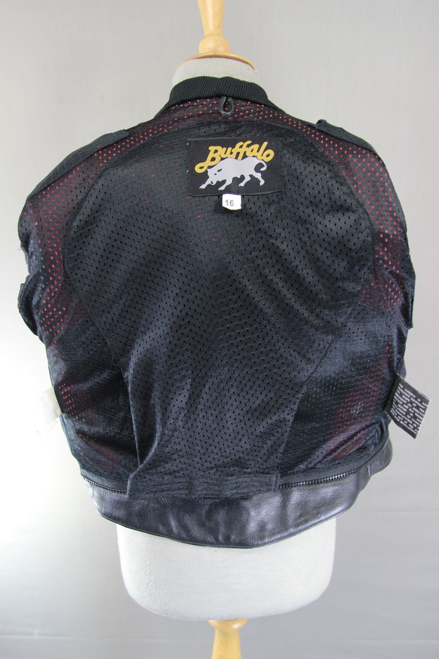 BUFFALO BLACK, RED & SILVER LEATHER BIKER JACKET: SIZE 16/36-38 INCH CHEST