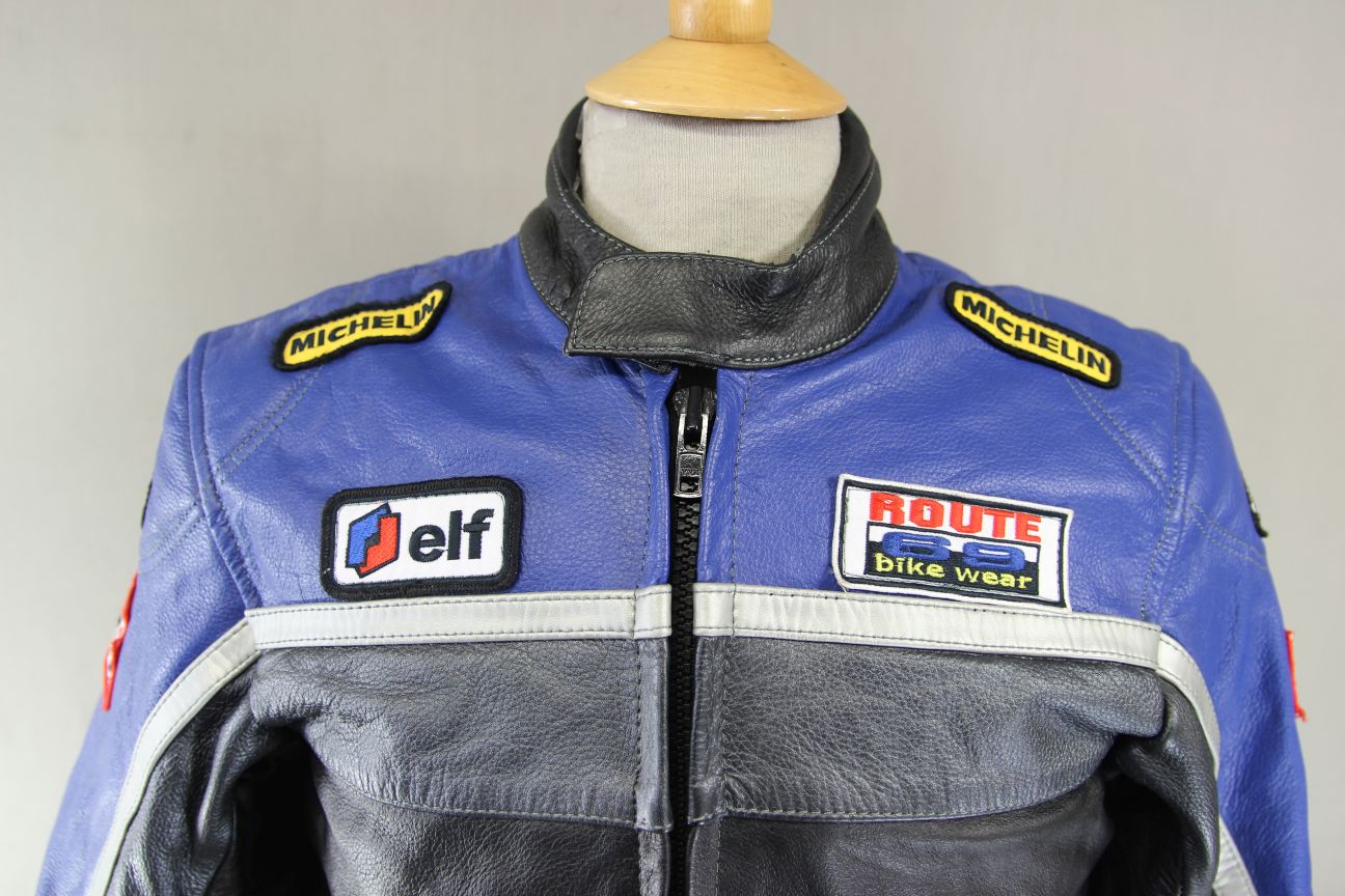 BOYS/CHILDS ROUTE69 BLACK, BLUE & SILVER LEATHER SPORTS/RACING BIKER JKT 36"/XXL