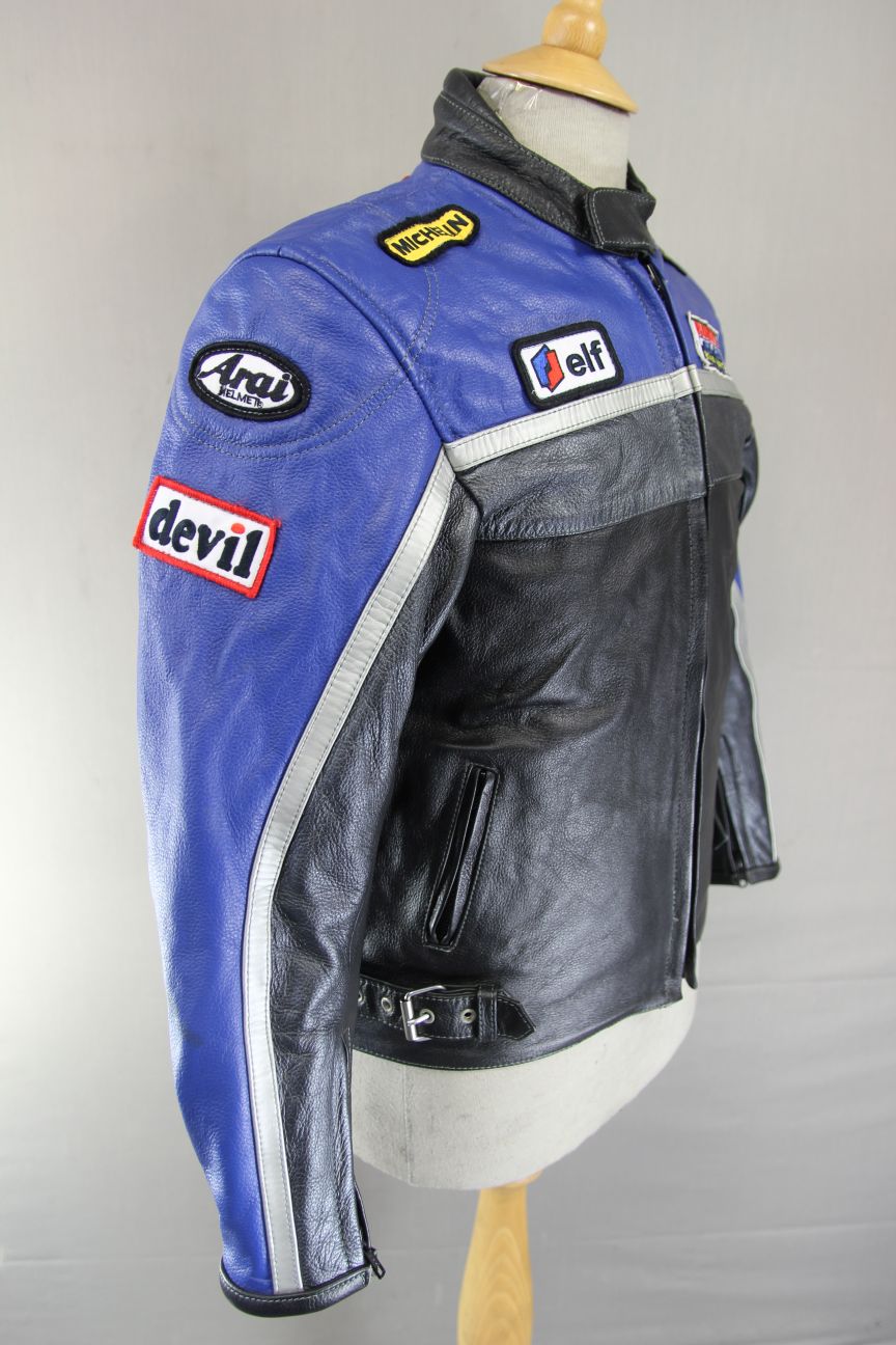 BOYS/CHILDS ROUTE69 BLACK, BLUE & SILVER LEATHER SPORTS/RACING BIKER JKT 36"/XXL