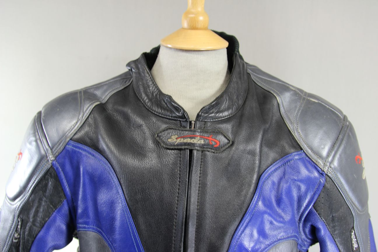 SPADA BLACK, BLUE & SILVER LEATHER BIKER JACKET WITH CE ARMOUR 40 INCH