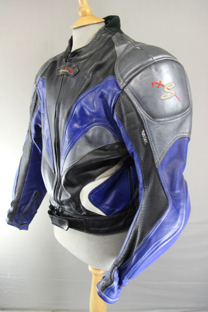SPADA BLACK, BLUE & SILVER LEATHER BIKER JACKET WITH CE ARMOUR 40 INCH